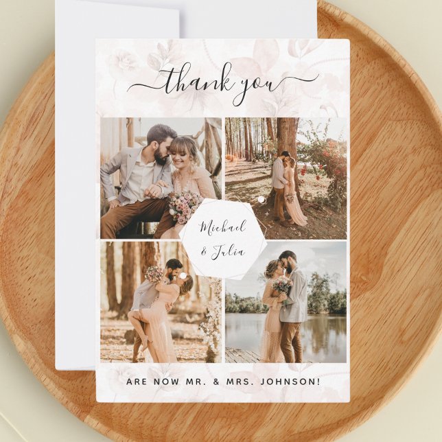 Cartão De Agradecimento Foto Collage Pink Floral Casamento Obrigado (Criador carregado)