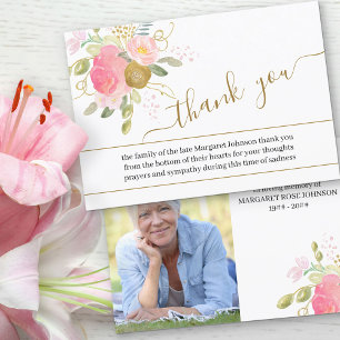 Cartão De Agradecimento Foto com Flores Rosa e Funeral com Letra Dourada