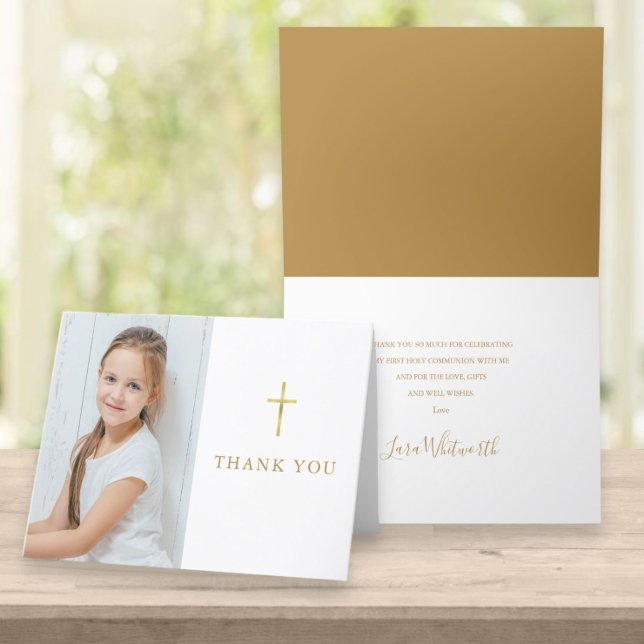 Cartão De Agradecimento Foto da assinatura Dourada da Primeira Comunhão (Criador carregado)