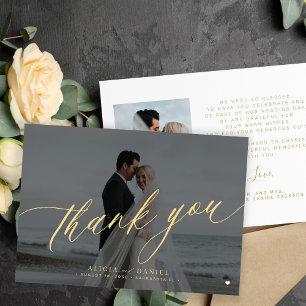 Cartão De Agradecimento Foto da caligrafia moderna casamento dourado negro
