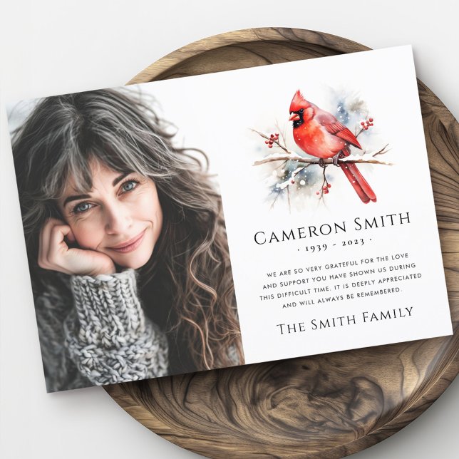 Cartão De Agradecimento Foto da compaixão do funeral do cardeal vermelho (Red watercolor cardinal funeral sympathy photo thank you card)