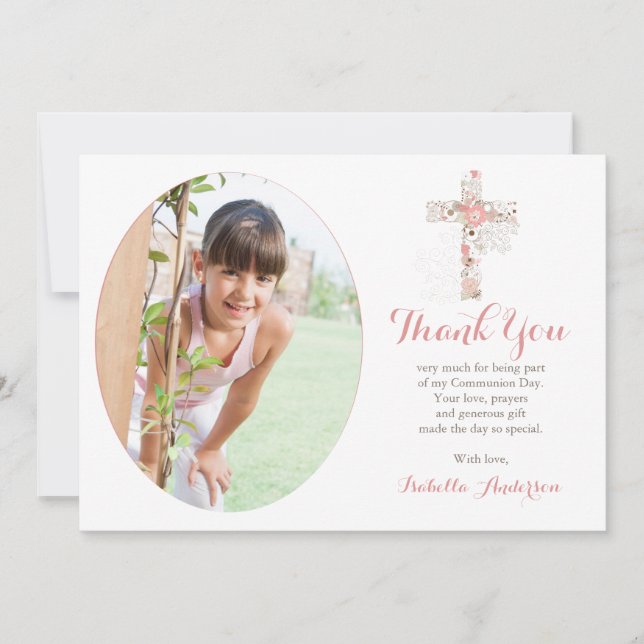 Cartão De Agradecimento Foto da Comunhão White Floral Cross Girl (Frente)