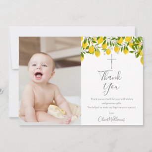 Cartão De Agradecimento Foto da Cruz de Prata do Batismo Christening Lemon