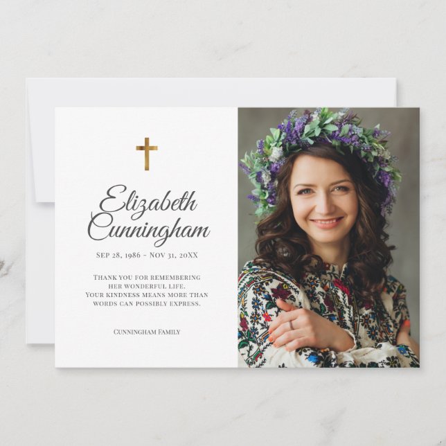 Cartão De Agradecimento Foto da Cruz Moderna Simples do Funeral Memorial (Frente)