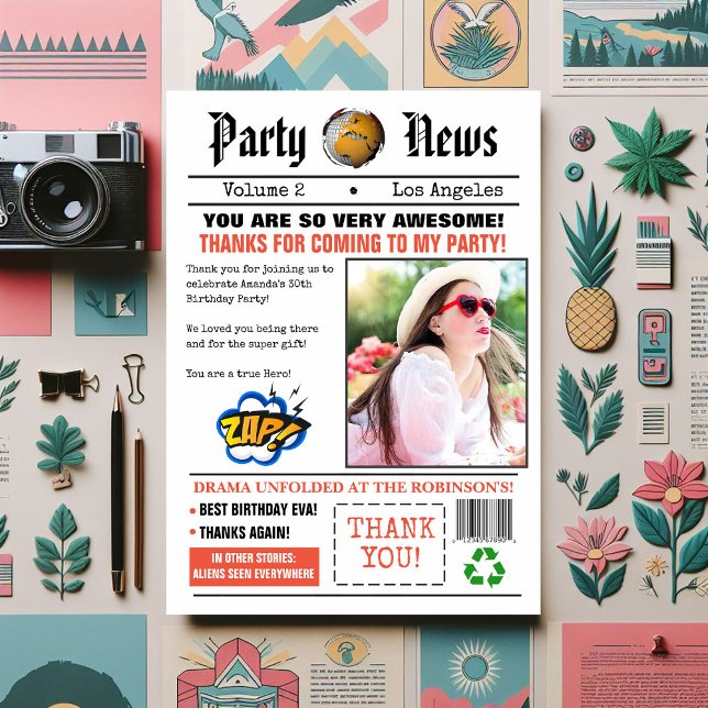 Cartão De Agradecimento Foto da Festa de aniversário do jornal retrorrefle (Retro Newspaper themed thank you card)