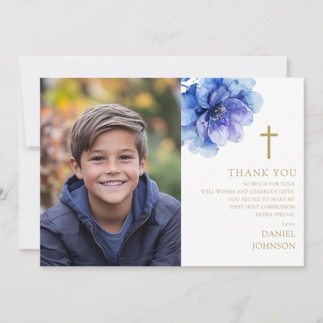 Cartão De Agradecimento Foto da Flor Azul-Cáudia Primeira Comunhão Santa (Frente)