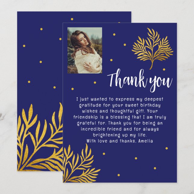 Cartão De Agradecimento Foto da Folhagem Dourada Elegante aniversário de 2 (Frente/Verso)