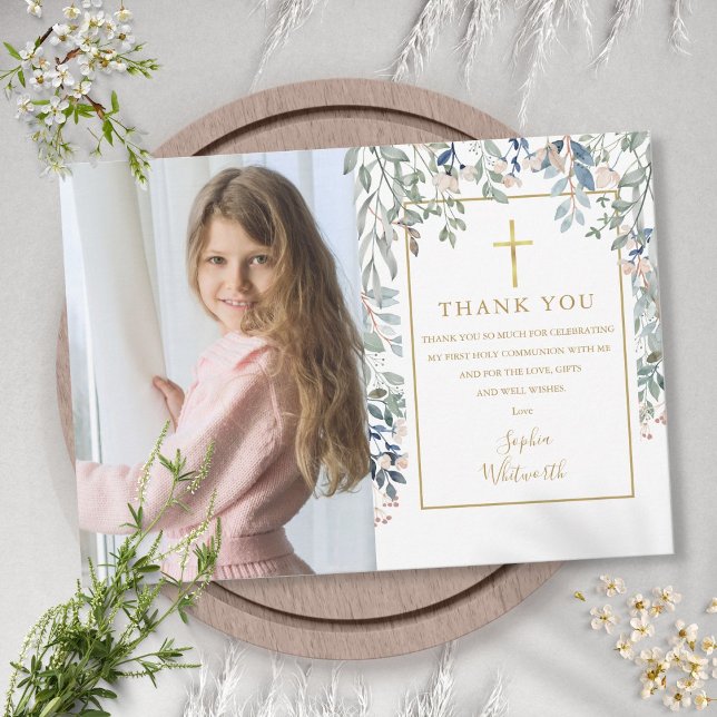 Cartão De Agradecimento Foto da Folhagem Floral da Primeira Sagrada Comunh (Criador carregado)