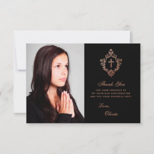 Cartão De Agradecimento Foto da Garota de Confirmação Pia-Rosa Preta Elega