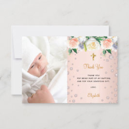 Cartão De Agradecimento Foto da menina do Baptism rosa gold florals