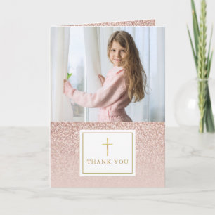 Cartão De Agradecimento Foto da Primeira Comunhão com Brilho em Rose Gold