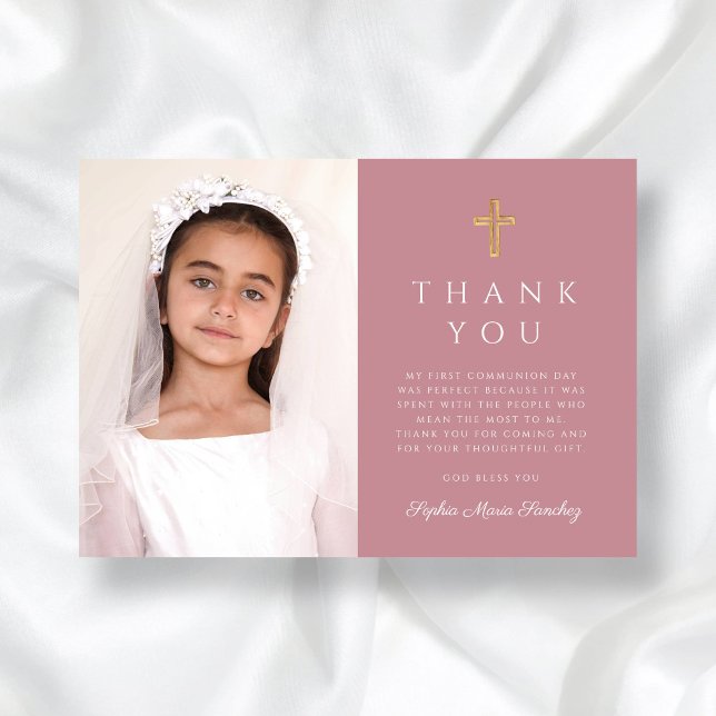 Cartão De Agradecimento Foto da primeira comunhão Dusty Rosa Cross (Girl First Communion Dusty Rose Cross Photo Thank You Card)
