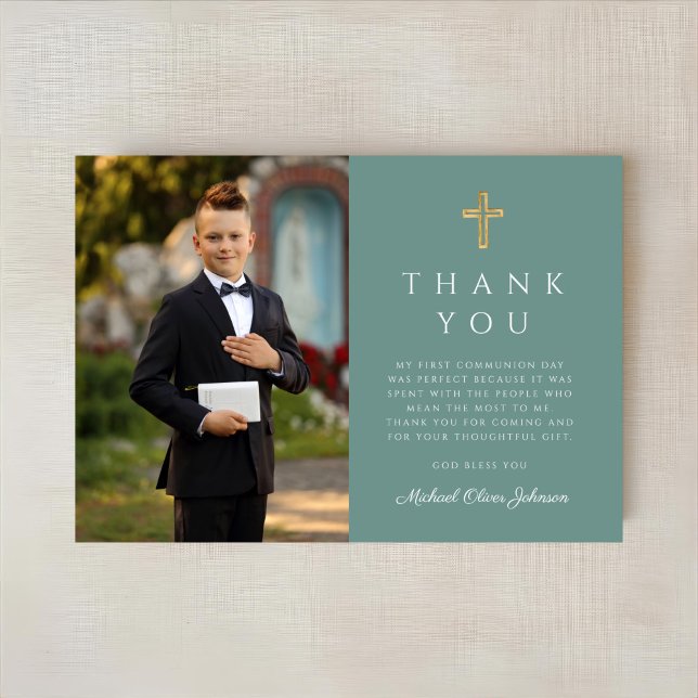 Cartão De Agradecimento Foto da Primeira Comunhão Elegante Green Cross Boy (Elegant Green Cross Boy First Communion Photo Thank You Card)