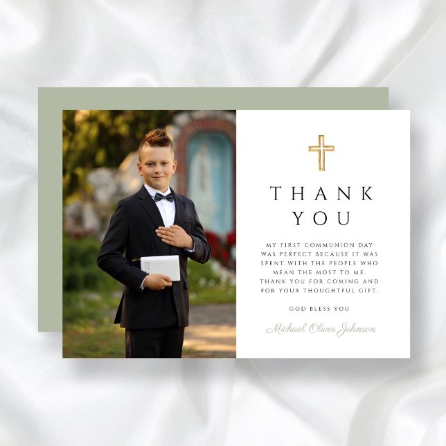 Cartão De Agradecimento Foto da Primeira Comunhão Sage Green Cross Boy (Sage Green Cross Boy First Communion Photo Thank You Card)