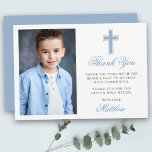 Cartão De Agradecimento Foto da Santa Comunhão - Azul Claro<br><div class="desc">O Elegante Cartões de agradecimentos da Primeira Comunhão com a Cruz de Prata. Frente fotográfica. Script Azul Claro.</div>
