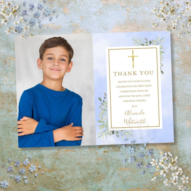 Cartão De Agradecimento Foto da Santa Comunhão Blue Greenery (First Holy Communion Blue Greenery Photo Thank You Card)