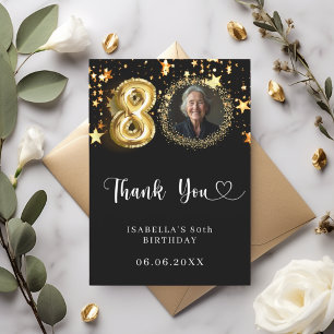 Cartão De Agradecimento foto de 80 de aniversário de estrelas pretas doura