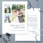 Cartão De Agradecimento Foto de amor e gratidão, Casamento Azul<br><div class="desc">Obrigado seus convidados com este elegante e moderno cartões de agradecimentos de casamento de colagem de três fotos! Design branco e azul limpo e simples com a frase "com nosso amor e gratidão" numa mistura de tipografia moderna de blocos e caligrafia moderna escrita à mão. Volte com a área para...</div>