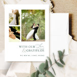 Cartão De Agradecimento Foto de amor e gratidão, Casamento Verde<br><div class="desc">Obrigado seus convidados com este elegante e moderno cartões de agradecimentos de casamento de colagem de três fotos! Design branca e verde, limpa e simples, com a frase "com o nosso amor e gratidão" numa mistura de tipografia moderna de blocos e caligrafia moderna escrita à mão. Volte com a área...</div>