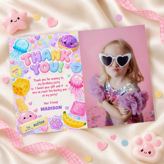 Cartão De Agradecimento Foto de Aniversário Colorida Fofa Kawaii Garota Sq