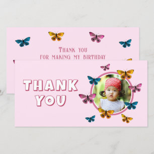 Cartão De Agradecimento Foto de aniversário com padrão de borboleta rosa f