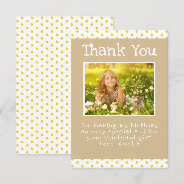 Cartão De Agradecimento Foto de Aniversário da Garota de Padrão Amarelo-Bo (Frente/Verso)