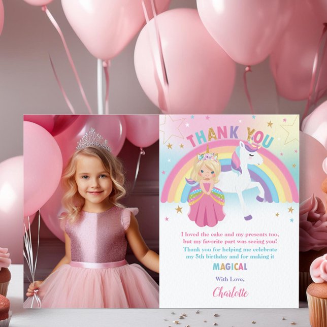 Cartão De Agradecimento Foto de Aniversário da Princesa Loura Rainbow Unic (Criador carregado)