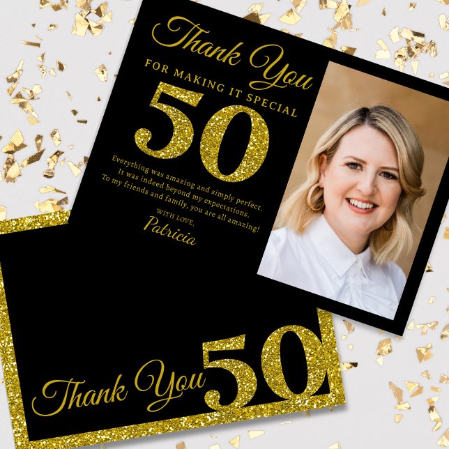 Cartão De Agradecimento Foto de aniversário de 50º aniversário Dourada Gli (Black and Gold Glitter 50th Birthday Thank You Cards | Unique Photo Keepsakes)