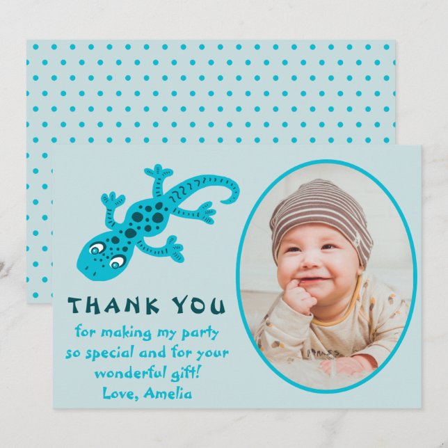 Cartão De Agradecimento Foto de aniversário de criança de lagarto geco azu (Frente/Verso)