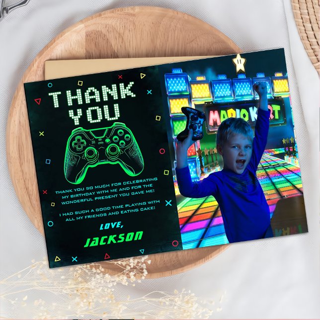 Cartão De Agradecimento Foto de aniversário de jogo de arcade verde neon (Criador carregado)