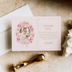 Cartão De Agradecimento Foto de aniversário de menina com flores cor-de-ro
