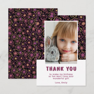 Cartão De Agradecimento Foto de Aniversário de Menina com Padrão de Flores