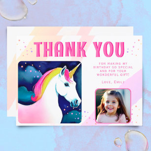 Cartão De Agradecimento Foto de Aniversário de Menina Mágica Unicórnio Fof