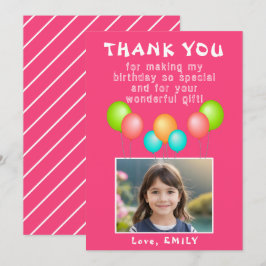 Cartão De Agradecimento Foto de aniversário de uma garota de balões cor-de