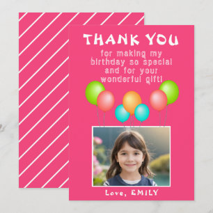 Cartão De Agradecimento Foto de aniversário de uma garota de balões cor-de