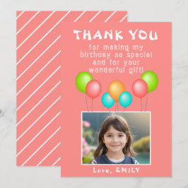 Cartão De Agradecimento Foto de aniversário de uma garota de balões cor-de