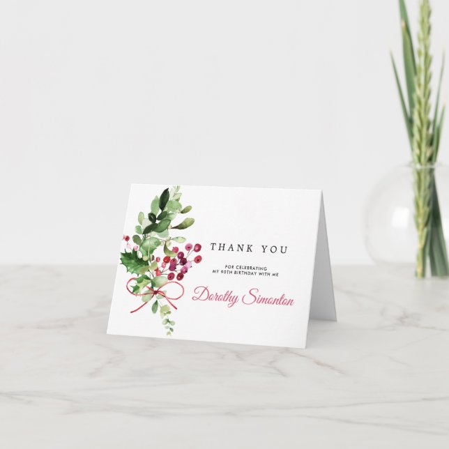 Cartão De Agradecimento Foto de Aniversário do 90 Botânico Rustic Winter (Frente)