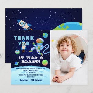 Cartão De Agradecimento Foto de Aniversário do Astronauta Azul no Espaço S