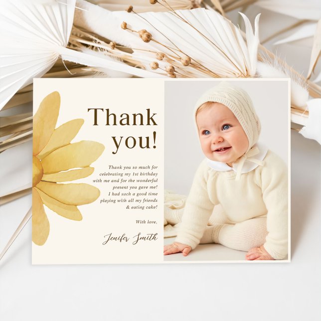 Cartão De Agradecimento Foto de aniversário floral de margarida amarela bo (Criador carregado)