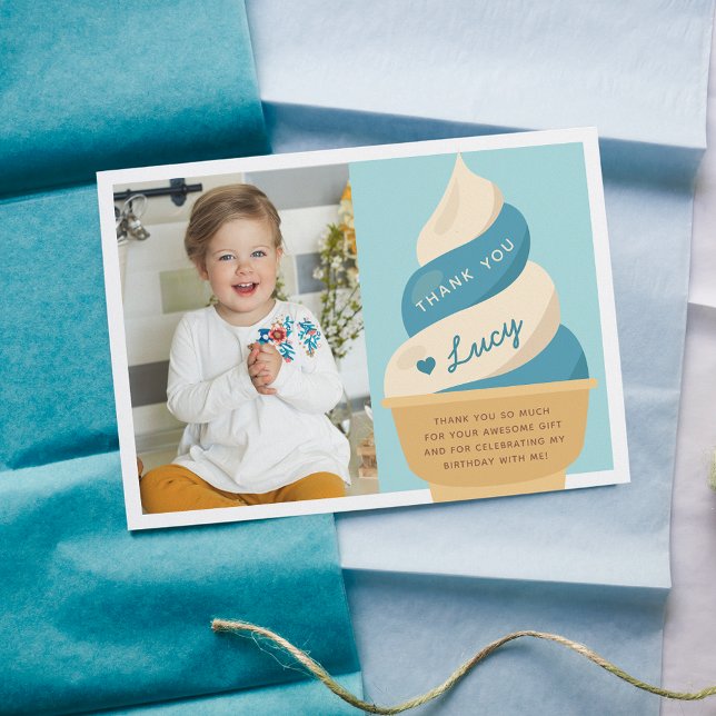 Cartão De Agradecimento Foto de aniversário infantil com sorvete de bluebe (Criador carregado)