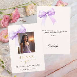 Cartão De Agradecimento Foto de aniversário laço lavanda marfim