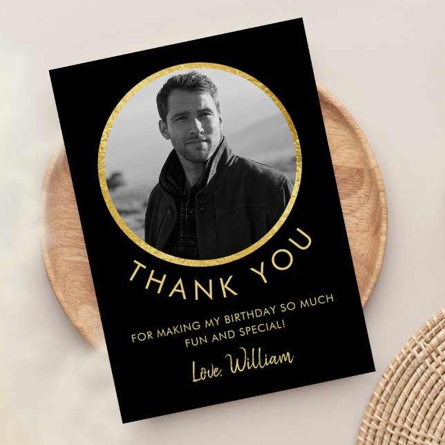 Cartão De Agradecimento Foto De Aniversário Preta E Dourada (Criador carregado)