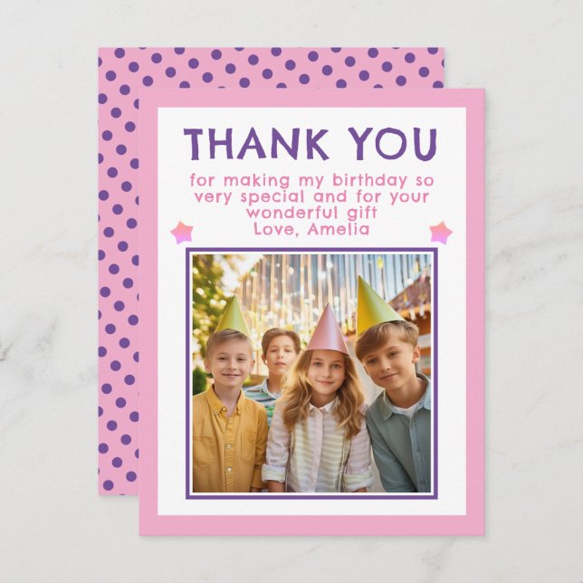 Cartão De Agradecimento Foto de aniversário rosa-branca (Frente/Verso)