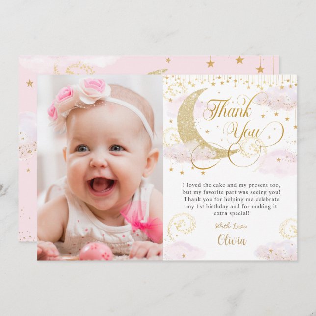 Cartão De Agradecimento Foto de aniversário rosa-estrela brilhante (Frente/Verso)