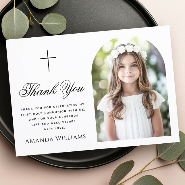 Cartão De Agradecimento Foto de arco legante cruzando Primeira Comunhão Sa (Elegant arch photo cross First Holy Communion Thank You Card)