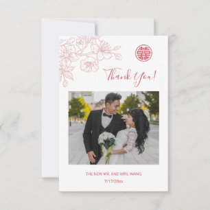 Cartão De Agradecimento Foto De Arte De Linha Floral Rosa, Casamento Obrig