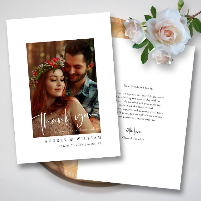 Cartão De Agradecimento Foto de assinatura branca e preta elegante (Elegant White & Black Signature Photo Wedding Thank You Card )