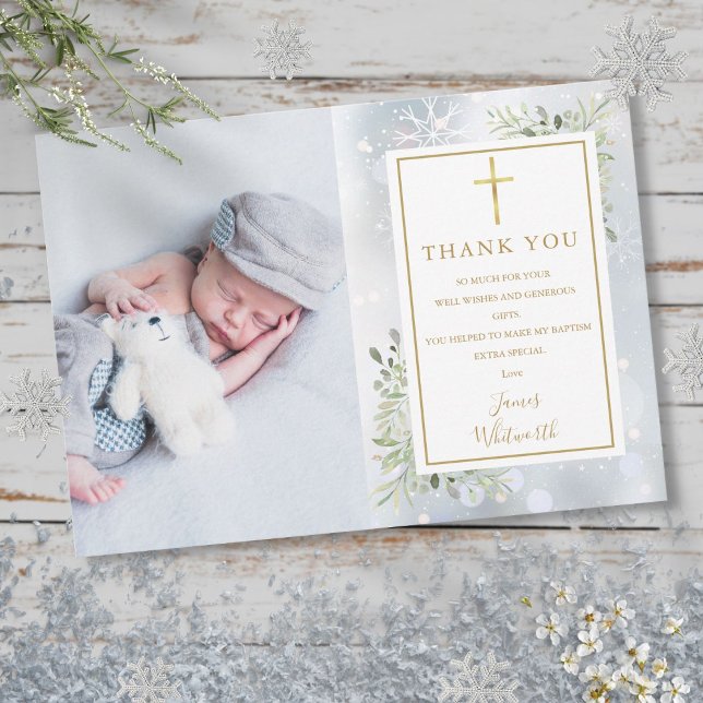 Cartão De Agradecimento Foto de Baptism Christening Winter Snowflakes (Baptism Christening Winter Snowflakes Photo Thank You Card)