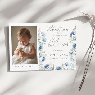 Cartão De Agradecimento Foto de Batismo de Bebê Menina Floral Azul Elegant