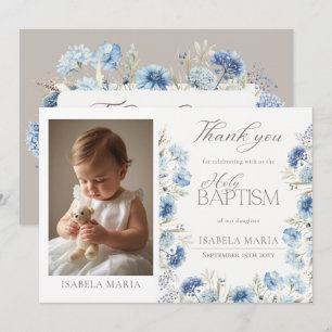 Cartão De Agradecimento Foto de Batismo de Bebê Menina Floral Azul Elegant